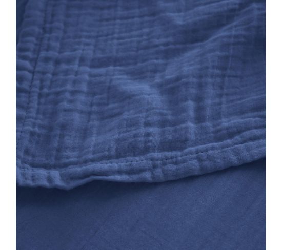 Drap Housse 180x200x30 Cm Mousseline De Coton Milos Bleu Indigo