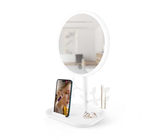 Miroir De Table Blanc Avec LED Et Porte-bijoux Rechargeable Mizo
