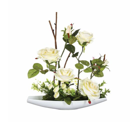 Composition De Fleurs Artificielles Roses - H. 36,5 Cm - Coupelle Céramique