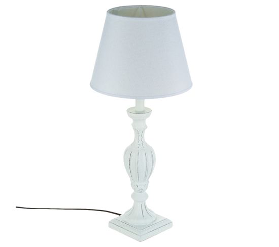 Lampe Patine En Bois - H. 56 Cm. - Blanc