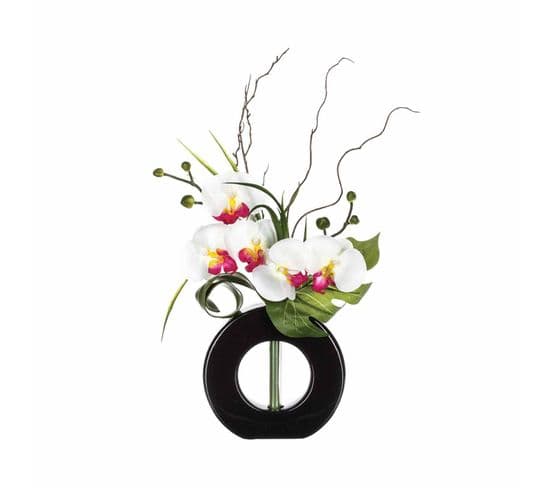 Composition Florale Vase Noir Mat - Hauteur 44 Cm - Orchidée Fleur Rose