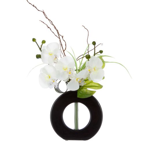 Composition Florale Vase Noir - Hauteur 44 Cm - Orchidée Fleur Blanche