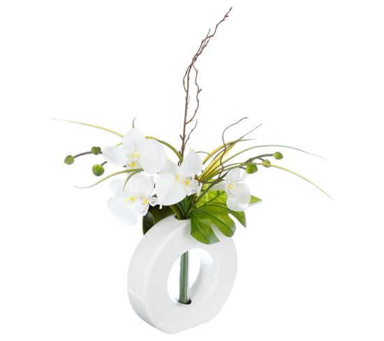 Composition Florale Vase Blanc - Hauteur 44 Cm - Orchidée Fleur Blanche