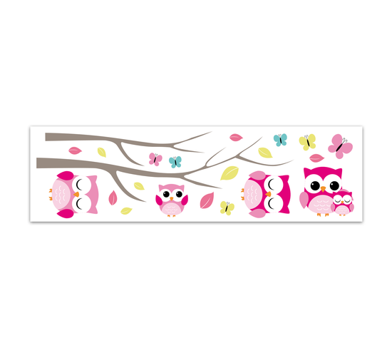 Sticker Enfant Chouettes - 70 X 20 Cm - Blanc Et Rose