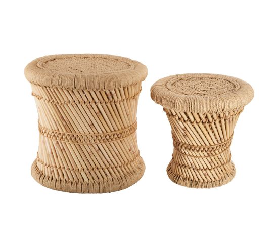 2 Tables Gigognes En Bambou Et Corde Nomade - Diam. 30/38 Cm - Marron
