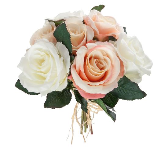 Bouquet De 7 Roses Vieillies - H. 30 Cm - Blanc Et Rose