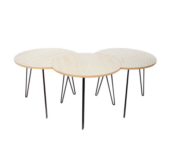 3 Tables Basses Modulable En Métal Et Mdf- Beige Et Blanc