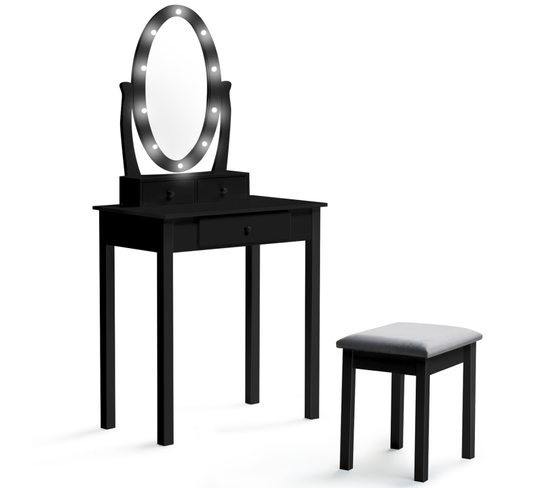 Coiffeuse Bella Bois Noir Avec Miroir LED Et Tabouret