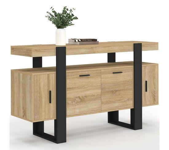 Buffet De Cuisine ID Market Buffet 140 Cm VITO 4 Portes Et 1 Tiroir Noir Et Bois