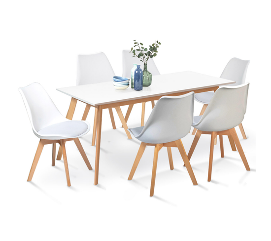 Ensemble Table à Manger Extensible Inga 160-200 Cm Et 6 Chaises Sara Blanches Design Scandinave