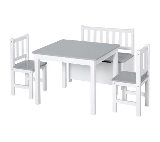 Ensemble Table Chaises Enfant - Set De 4 Pcs - Table, 2 Chaises, Banc Coffre 2 En 1 - Mdf Pin