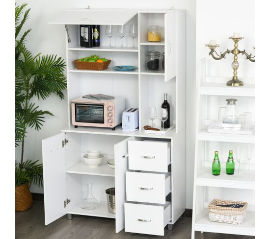 Armoire Cuisine 2 Portes 2 Tiroirs - Buffet Blanc Style Campagne, étagères Réglables, 178,5 X 75 X 38 Cm