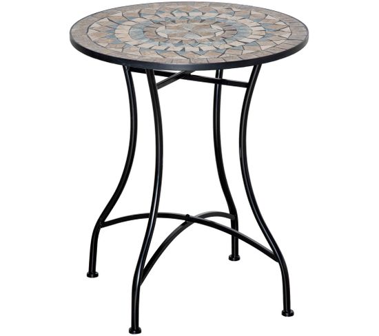 Table Ronde Style Fer Forgé Bistro Plateau Mosaïque Céramique
