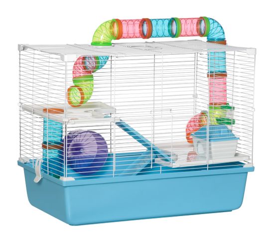 Cage à Hamsters 3 Niveaux - Nombreux Accessoires - Métal Pp Bleu Blanc