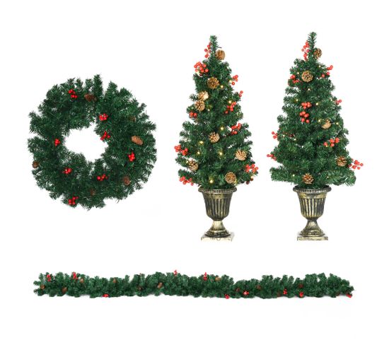Lot De 4 Décorations De Noël LED - Couronne, Guirlande, 2 Sapins Avec Pots