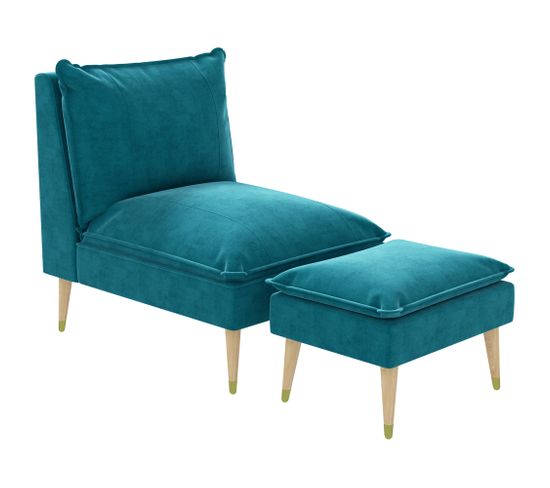 Fauteuil Avec Repose-pied Style Scandinave Velours Turquoise