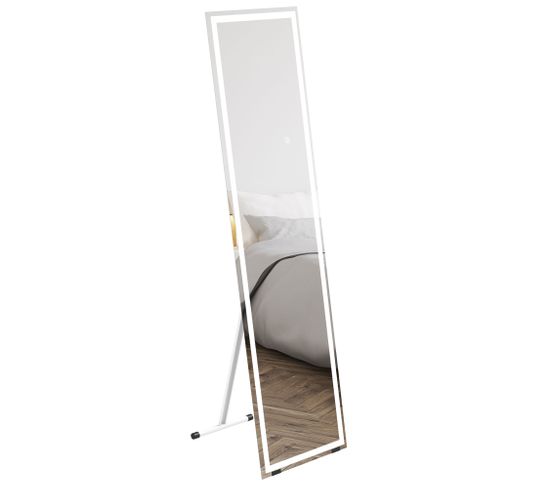 Miroir Sur Pied Ou Mural Rectangulaire Grande Taille LED Verre Métal Blanc