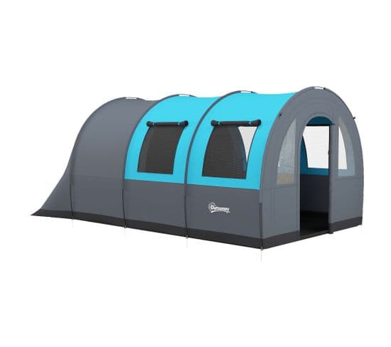 Tente De Camping Familiale 5-6 Pers. Étanchéité 3000 Mm - 2 Portes, Sac - Bleu Gris