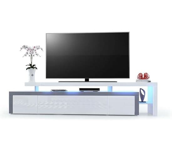 Meuble TV   Blanc Brillant Et Bordure Grise  + LED Rgb (lxhxp): 227 X 52 X 35  Cm