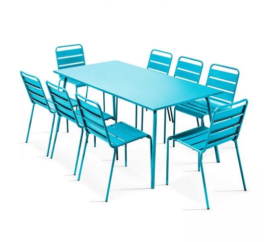 Palavas - Ensemble Table De Jardin Et 8 Chaises En Métal Bleu