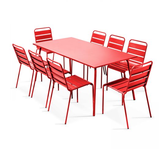 Palavas - Ensemble Table De Jardin Et 8 Chaises En Métal Rouge
