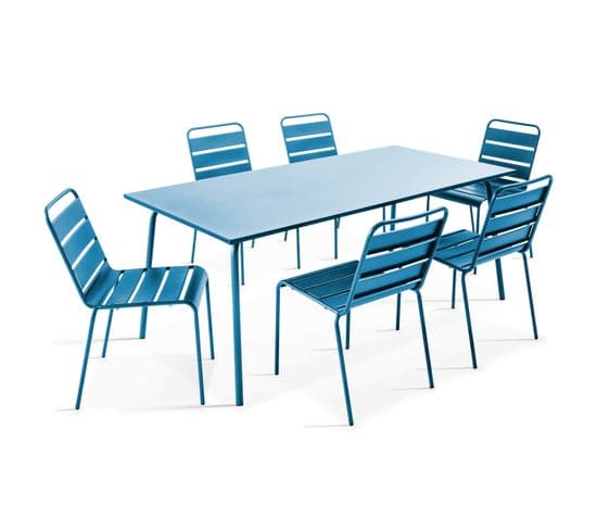 Palavas - Ensemble Table De Jardin Et 6 Chaises En Métal Bleu Pacific