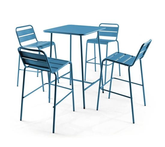 Table De Bar 70x70x105cm Et 4 Chaises Hautes 49x58x101cm, En Acier, Palavas Bleu