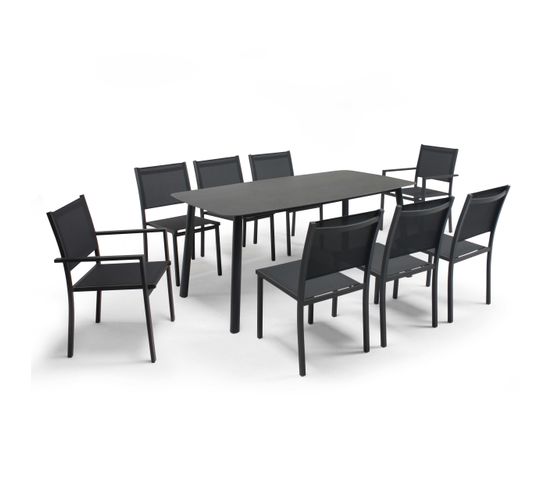 Table De Jardin Aluminium Et Pierre, 6 Chaises Et 2 Fauteuils Gris