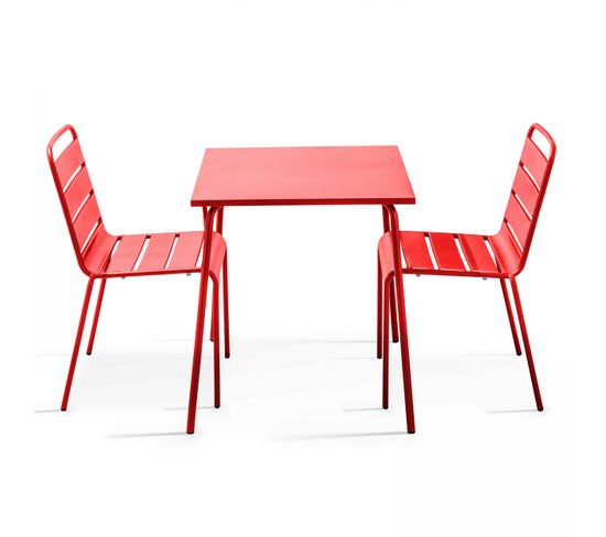 Palavas - Ensemble Table De Jardin Carrée Et 2 Chaises Acier Rouge