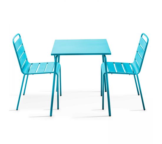 Palavas - Ensemble Table De Jardin Carrée Et 2 Chaises Acier Bleu