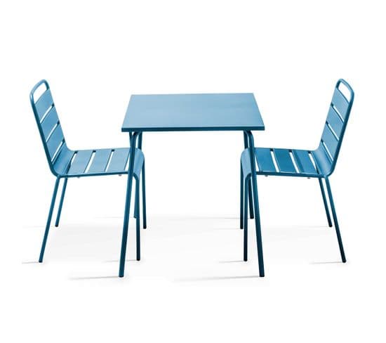 Palavas - Ensemble Table De Jardin Carrée Et 2 Chaises Acier Bleu Pacific