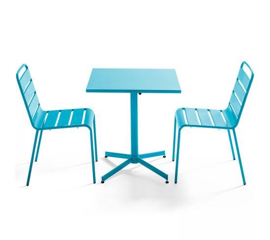 Palavas - Ensemble Table De Jardin Carrée Et 2 Chaises Métal Bleu