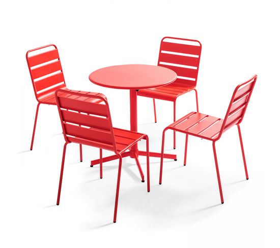Palavas - Ensemble Table De Jardin Ronde Et 4 Chaises Rouge