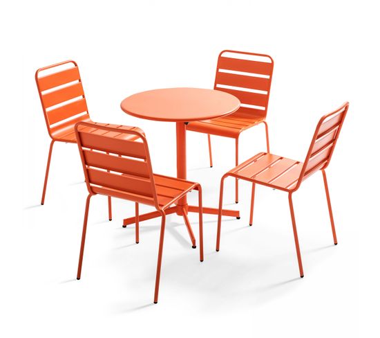 Palavas - Ensemble Table De Jardin Ronde Et 4 Chaises Orange