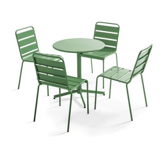 Palavas - Ensemble Table De Jardin Ronde Et 4 Chaises Vert Cactus