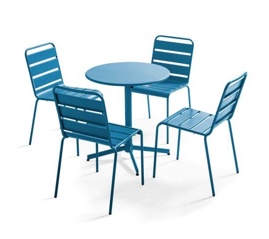 Palavas - Ensemble Table De Jardin Ronde Et 4 Chaises Bleu Pacific