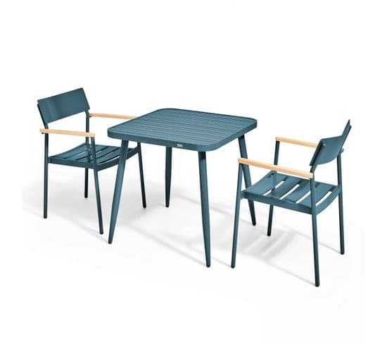 Ensemble Table De Jardin Et 2 Fauteuils En Aluminium/bois Bleu Canard
