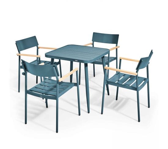 Ensemble Table De Jardin Et 4 Fauteuils En Aluminium/bois Bleu Canard