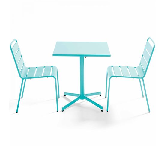 Palavas - Ensemble Table De Jardin Carrée Et 2 Chaises Métal Turquoise