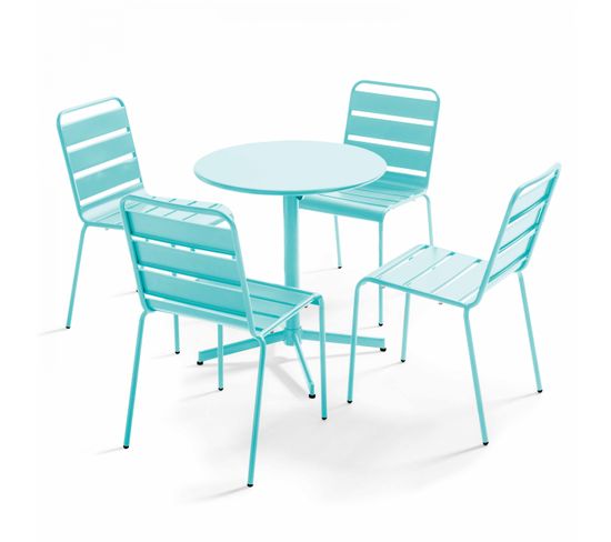 Palavas - Ensemble Table  De Jardin Ronde Et 4 Chaises En Métal Turquoise