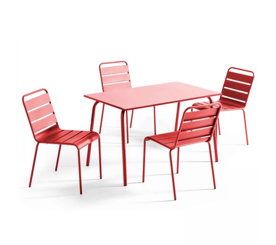 Palavas - Ensemble Table De Jardin En Métal Et 4 Chaises Rouge