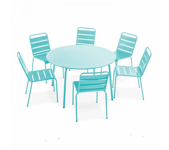 Palavas - Ensemble Table De Jardin Ronde Et 6 Chaises En Métal Turquoise