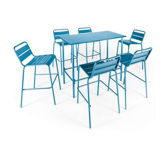 Palavas - Ensemble Table Haute De Jardin Et 6 Chaises En Métal Bleu Pacific