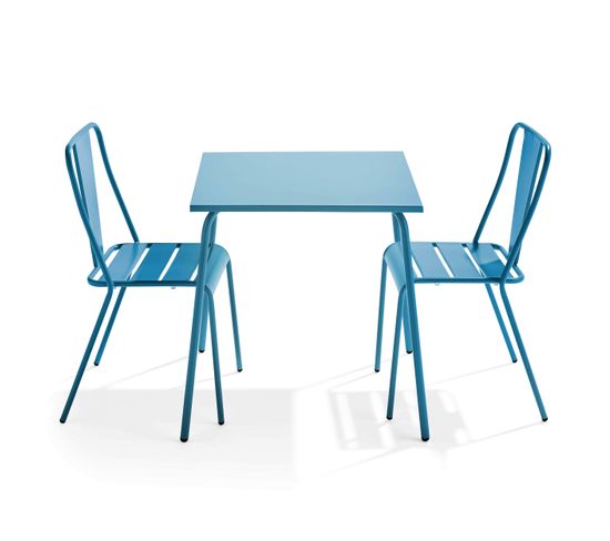 Palavas - Ensemble Table De Jardin Carrée Et 2 Chaises Bistrot Bleu Pacific