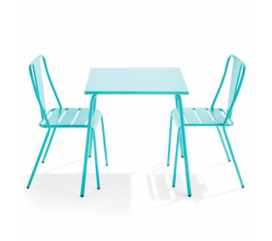 Palavas - Ensemble Table De Jardin Carrée Et 2 Chaises Bistrot Turquoise