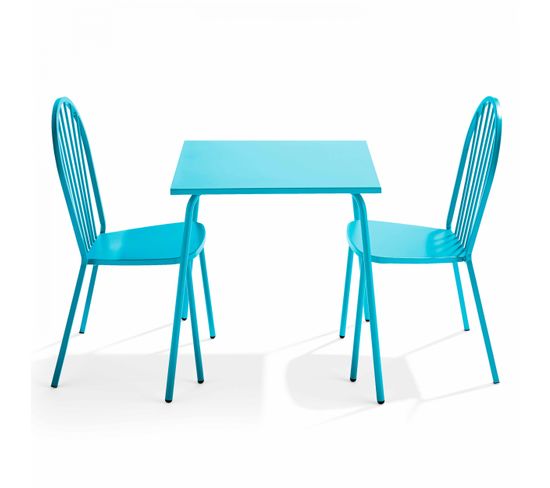 Palavas - Ensemble Table De Jardin Bistrot Et 2 Chaises En Acier Bleu