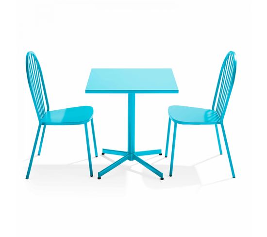 Palavas - Ensemble Table Carrée De Jardin Inclinable Et 2 Chaises Bistrot Bleu