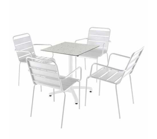 Ensemble Table 60 Cm Terrazzo Et 4 Chaises En Métal Blanc