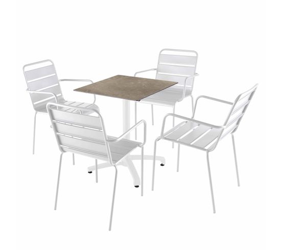 Ensemble Table 60 Cm Marbre Beige Et 4 Chaises En Métal Blanc