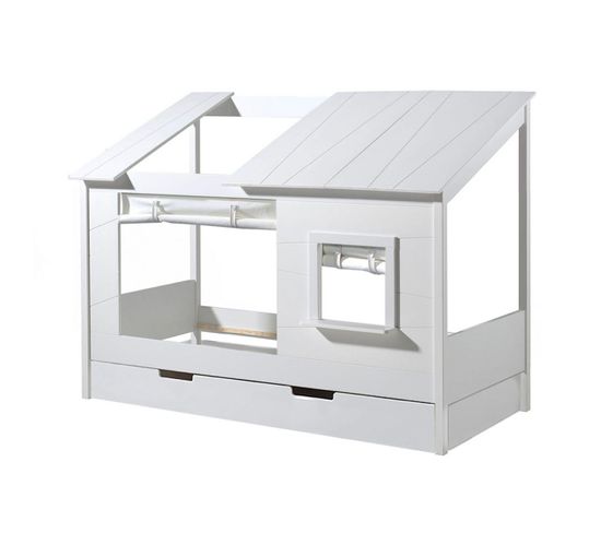 Lit Maison 90x200cm Blanc Avec Fenêtre + Tiroir Et Rideaux - Laka